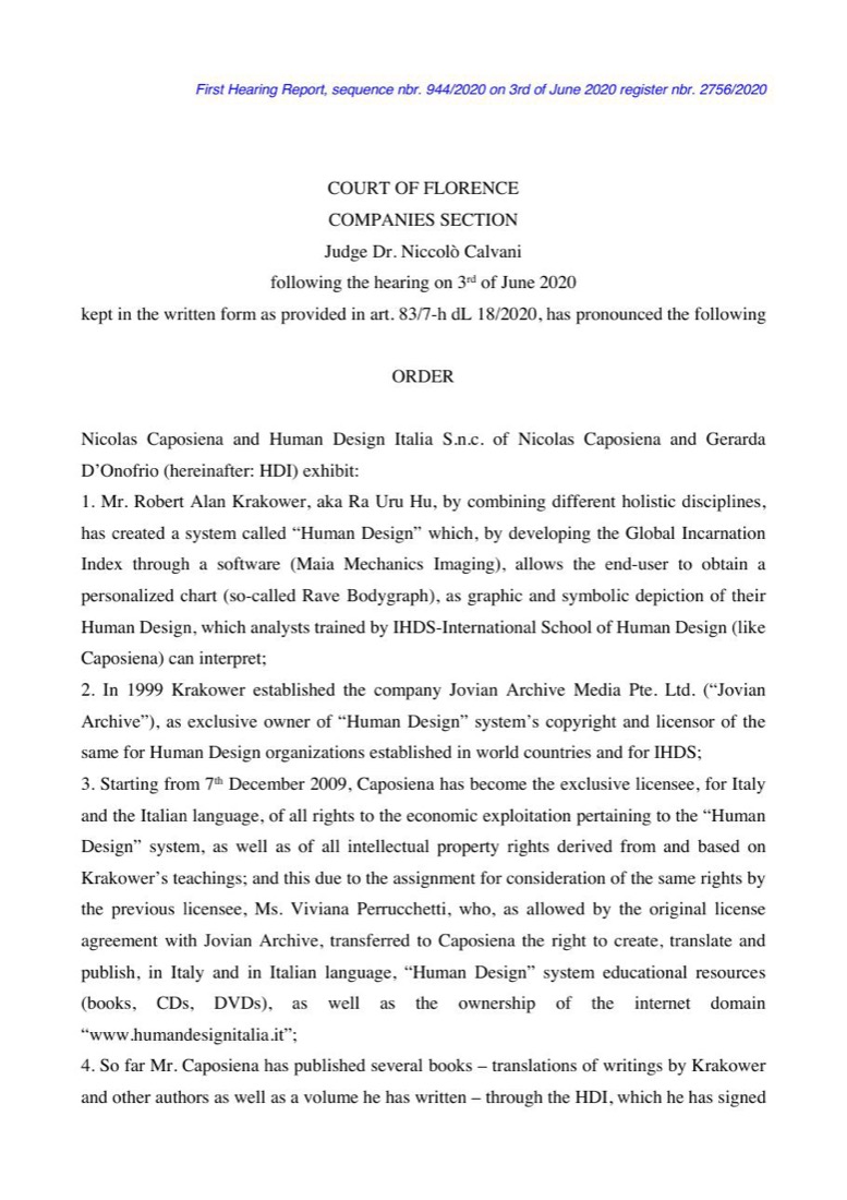 First page of the Court of Florence order, headed COURT OF FLORENCE, COMPANIES SECTION, before Judge Niccolò Calvani, with the docket line for sequence number 944/2020 and register number 2756/2020.