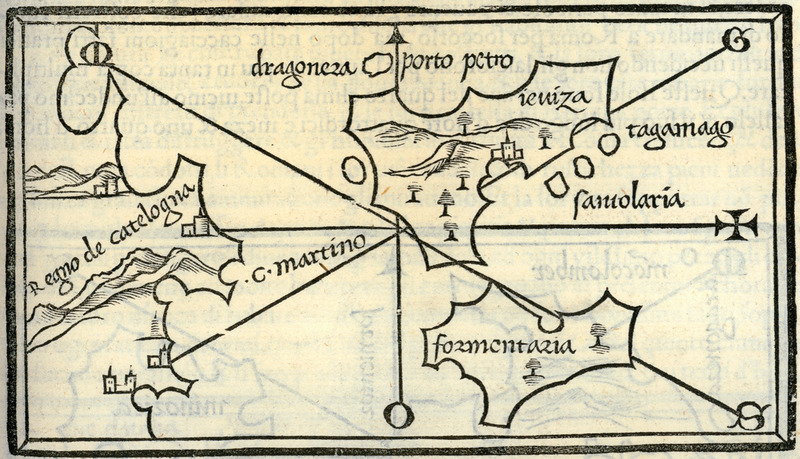 A 1547 woodcut map by Benedetto Bordone showing the islands of Ibiza and Formentera, with coastline, hills, and place names.
